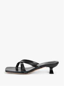 Alvarani Slightly Large Size Soft Leather Square Toe Sandals, Kitten Heel Flip-Flops, Versatile Fine Heel Open Toe Thong Sandals For Women, Summer New Arrivals - Black - View 9
