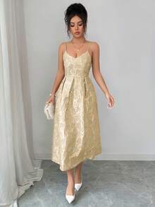 Vestido elegante de mujer con tirantes de espagueti y estampado jacquard, adecuado para invitadas de boda, fiestas de noche y galas; Vestido elegante de de mujer con cuello en V y pliegues - Rosa - Ver 11
