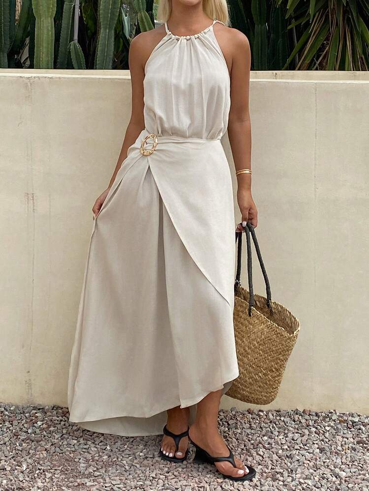 Women's Sleeveless Solid Color Beaded Tie-Waist Oblique Collar Elegant Summer Dress