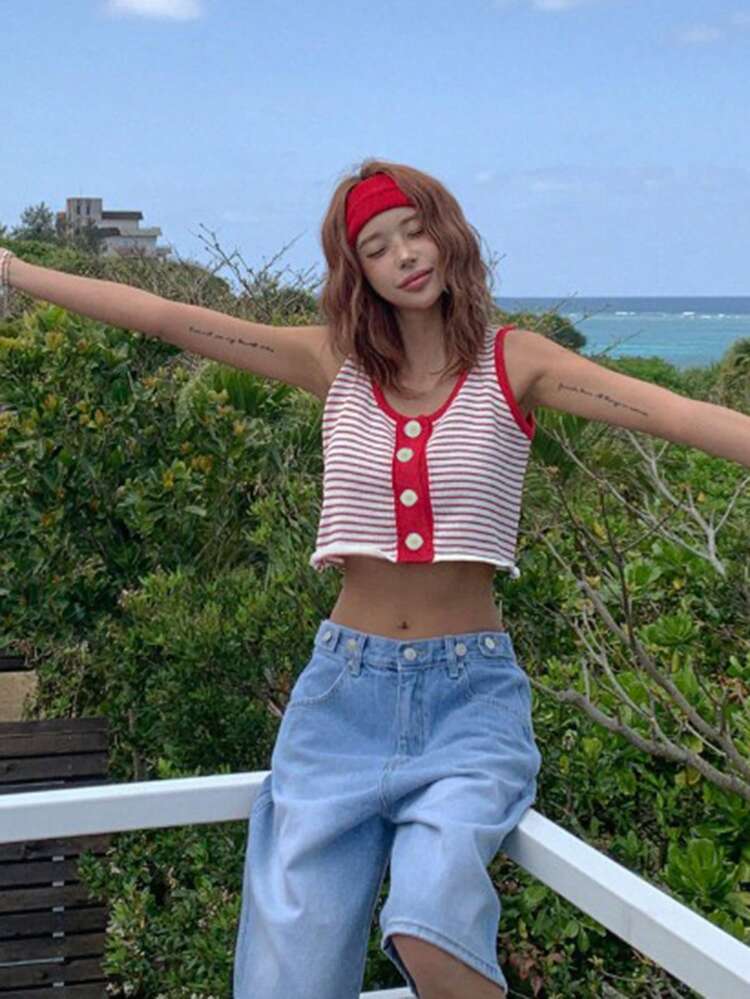 Contrast Color Striped Cropped Casual Summer Knit Top For Women Cute Tops
