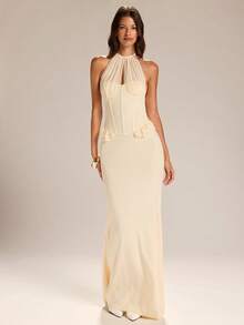 SHEIN BAE Đầm màu mơ cổ yếm, buộc dây, lưng hở, thắt eo, viền bèo nhún, lãng mạn cho các buổi hẹn hò, đám cưới, kỳ nghỉ biển, ngày Valentine. - Màu be - Xem 5