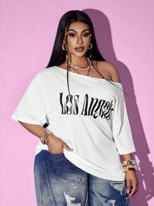 Maweii Plus Size Women's Rave Backless Ripped Letter Print Oblique Shoulder White T-Shirt, Casual For None, Back-To-School Daily Wear Date Night Summer - White - View 3