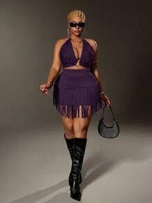Maweii Plus Size Women's Fashionable Slimming Versatile Party Asymmetrical Tassel Hem Skirt, Suitable For Summer Holiday Outfit - Purple - View 4