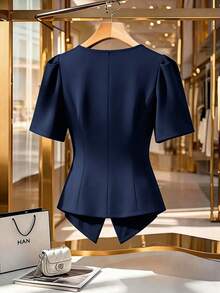GlowEve CURVE Plus Size Women's Elegant Color Block Square Collar Puff Sleeve Pearl Button Front Split Hem Fitted A-Line Short Shirt, Suitable For Spring/Summer Casual, Commute, Vacation - Navy Blue - View 2