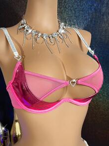 MidnightGlam 2pcs Rhinestone Bow Splice Shiny Coating Hollow Underwire Supportive Bra Set For Women - Pink - View 10