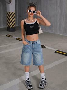 SHEIN Teen Girl Y2K 2000s Retro Washed Boyfriend Baggy Casual Denim Wide Leg Knee Length Jeans Short, Fall Back To School Streetwear - Light Wash - View 6