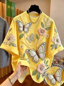 Franclia Plus Size Women Versatile Butterfly & Flower Short Sleeve Casual T-Shirt - Yellow - View 3
