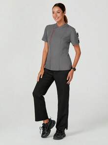 TaskEZ Women's Summer Contrast Piping Patch Pocket Short Sleeve Work Uniform - Grey - View 5