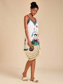 Travachic Frida Kahlo X SHEIN Women's Casual Frida Collaboration Floral & Peacock Print Mini Dress, Chic For Spring/Summer, Suitable For Vacation & Beach - Multicolor - View 7