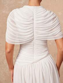 Lumalex Vestido corto elegante y sexy de mujer con cuello, sin mangas, fruncido y acampanado, en color albaricoque, para primavera/otoño - Blanco - Ver 7