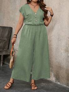EMERY ROSE Plus Size Solid Color Front Button Simple Pocket Waist Jumpsuit, Casual Daily Wear - Army Green - View 4
