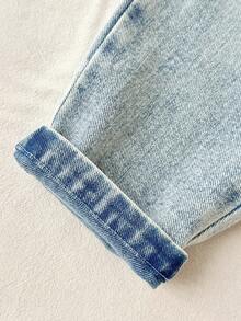 SHEIN 2pcs/Set Young Boy Fashionable Patterned Knit Striped Embroidered Short Sleeve Top With Elastic Waist Washed Denim Pants,Summer,School,Back-To-School - Apricot - View 8