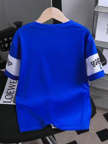 Tween Boy Colorblock Letter & Cartoon Print Crew Neck Short Sleeve T-Shirt - Blue - View 2