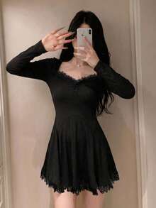 DAZY 女款純色蕾絲飾邊睡裙睡衣 - 黑色 - 查看 4