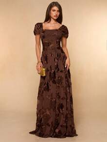 SHEIN BAE Gaun Elegan Lengan Pendek Jacquard Bertekstur Cokelat Polos, Musim Semi/Panas - Coklat - View 4