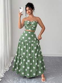 Elenzga Conjunto de 2 piezas talla grande: Top bandeau azul elegante con nudo y falda maxi plisada, estilo de vacaciones para el verano - verde menta - Ver 8