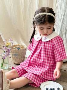 Souflis Souflis 2pcs Baby Girl Infant Toddler Newborn Spring/Summer Elegant Princess Pink Plaid Peter Pan Collar Ruffle Blouse + Shorts Set - Pink - View 6