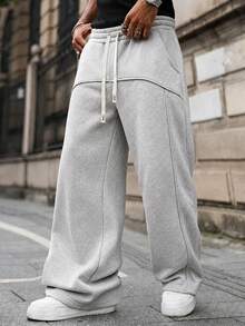 PAVTROS Men's Solid Color Drawstring Waist Pocket Wide Leg Loose Casual Sweatpants Wide Leg - Light Grey - View 4
