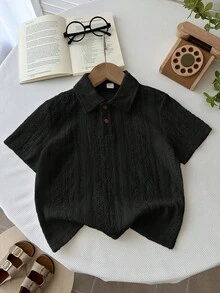 LMoss Kids 男童Polo衫，带领，短袖，提花镂空设计，1件装 - 黑色 - 查看 6