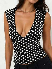 Rina Fox Camiseta ajustada de mujer con escote en V profundo y estampado de lunares, para verano - Multicolor - Ver 3