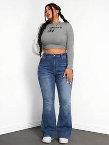 SHEIN ICON Jeans acampanados de talla grande con lavado casual y ajuste slim - Neblina azul - Ver 3
