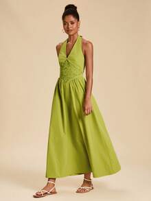 Travachic Women's Embroidered Halter Neck Vacation Dress,Elegant Dresses For Women, Summer Dress,Vacation Outfits Women,Embroidered Dress,Dresses For Women Summer - Green - View 7
