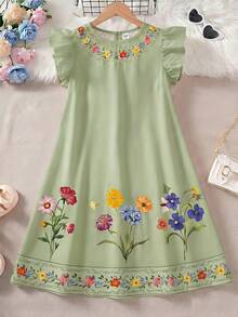 SHEIN 少女印花连衣裙，仿领短袖，不含腰带（腰带为配饰） - 綠色 - 查看 2