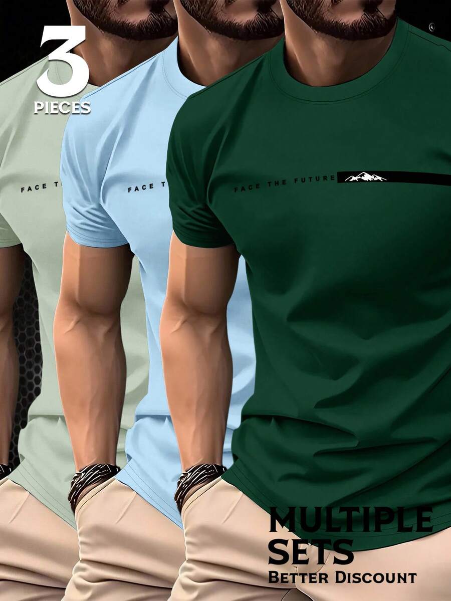 Manfinity Homme 3件套男士休闲修身短袖T恤,简约百搭圆领T恤套装 - 墨綠色 - 查看 1