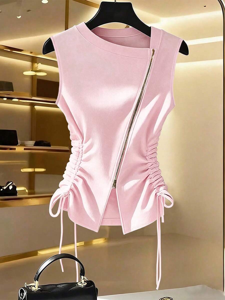 GlowEve CURVE Plus Size Women Solid Color Zipper Pleated Casual Versatile Daily Wear Top - Pink - View 1