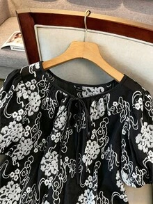 GlowEve CURVE Plus Size Women's Embroidered Casual Romantic Versatile Blouse, Suitable For Daily Wear, Commuting, And Vacation, Spring/Summer - Black - View 4