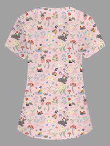 SHEIN Women's Pink V-Neck Short Sleeve Scrub Top,Cute Cartoon Rabbit Print Nurse Doctor Uniform,Veterinary Nutritionist Work Wear,Maid Functional Workwear - Pink - View 2
