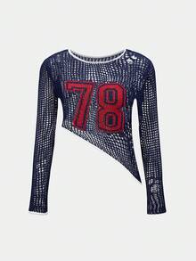 Gowayae Gowayae Y2K Baddie 78 Distressed American Campus Grid Mesh Sweater, Asymmetrical Hem Layering Streetwear Top For Women - Blue - View 7
