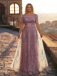 Glamrae Plus Size Dusty Pink Summer Elegant Formal Bridesmaid Prom Wedding Dress, Square Neck Short Sleeve Rhinestone & Pearl Decor A-Line Gala Dress - Dusty Pink - View 3