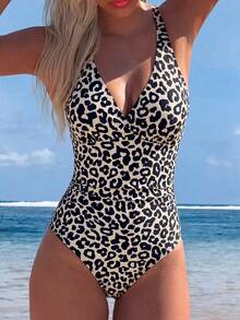 Swim Basics Women's One-Piece Sexy Cute White Print Ruched Waist Tie-Neck Backless Swimsuit, Elegant Beach Golf Holiday Casual Popular Valentine's Day Gift Summer - Multicolor - View 1