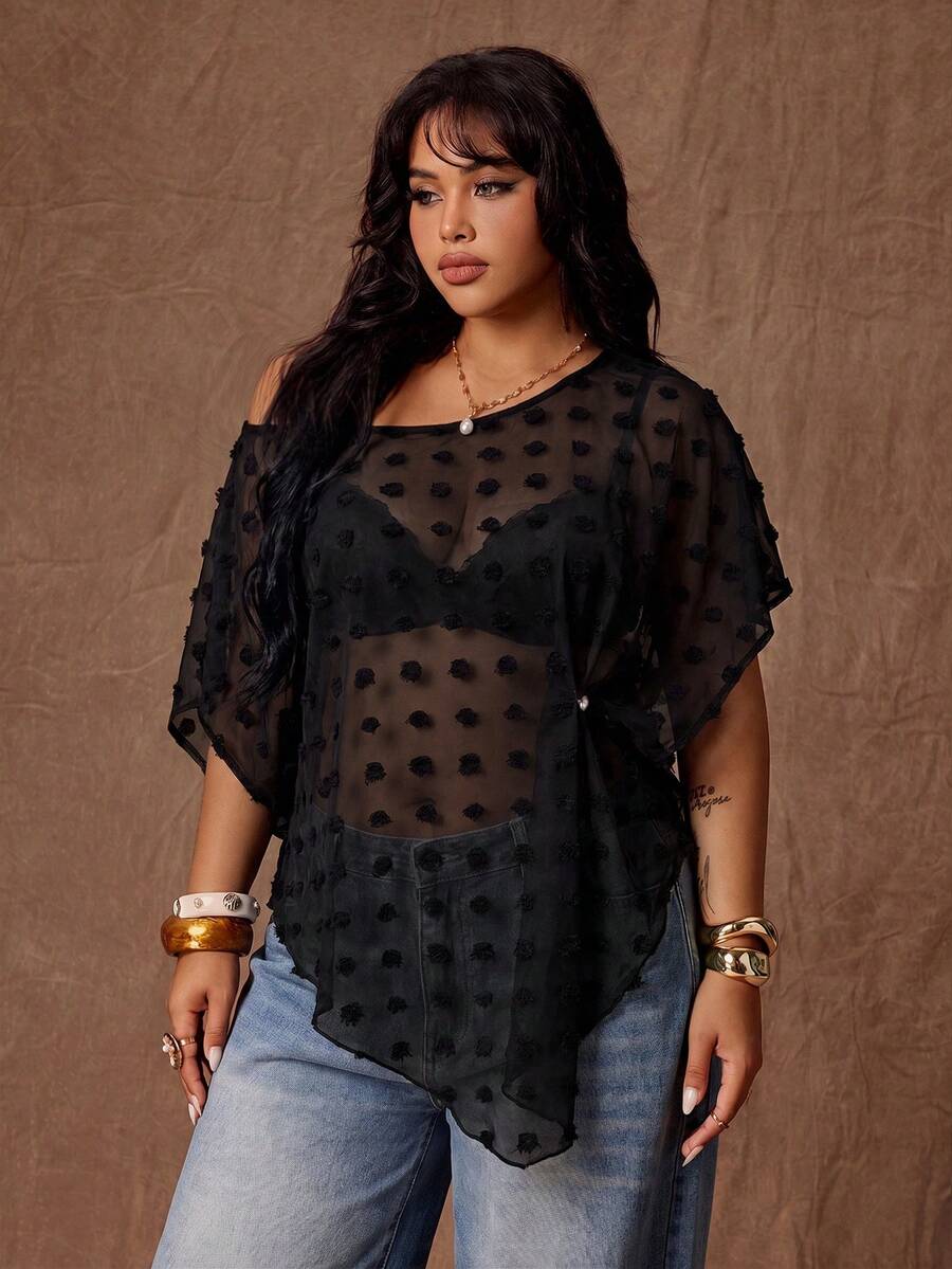 Rustia Plus Size Women's Black Chiffon Blouse With Oblique Shoulder, Short Sleeve, Elegant Sexy Retro Beach Brunch Dinner Tea Party Holiday Wear Summer - Black - View 1
