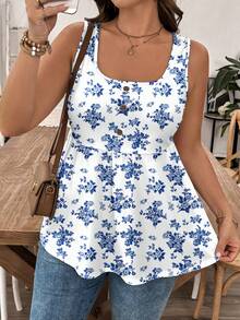 SHEIN LUNE ملابس علوية بدون أكمام مطبوعة بزهور باللون الأزرق والأبيض مقاس كبير، مناسبة للصيف - متعدد الألوان - مشاهدة 7