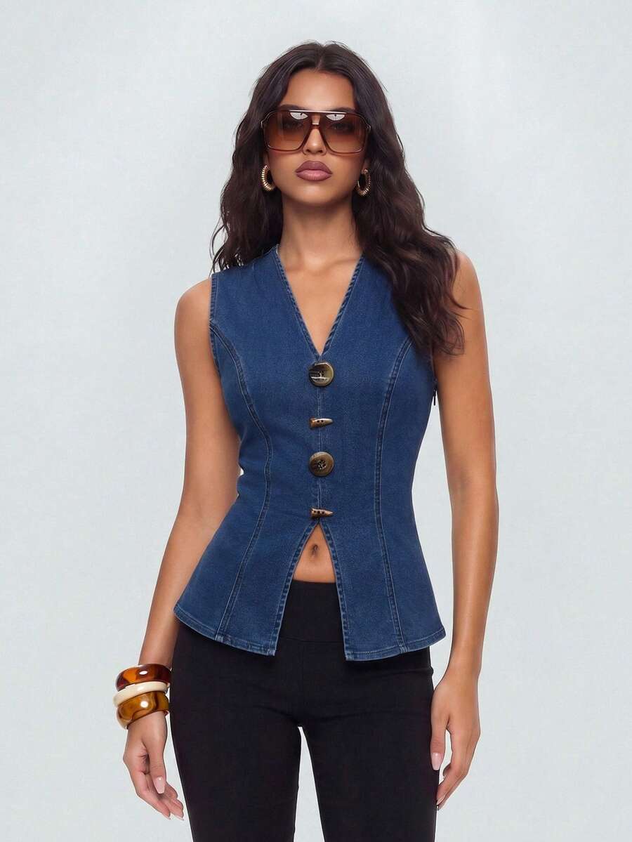 Avantive Áo khoác denim nữ cổ chữ V cài một hàng khuy, kiểu dáng thường ngày. - Rửa tối - Xem 1