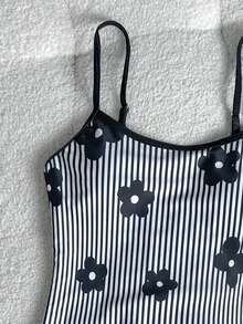 SHEIN Traje de baño de una pieza con estampado floral y de rayas para niña preadolescente - Blanco y Negro - Ver 5