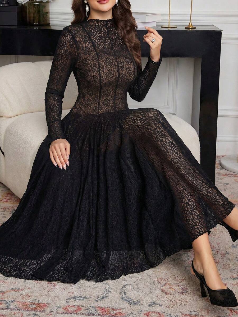 Modelyn Elegant High-End Black Lace Flowy Dress, Suitable For Spring & Summer - Black - View 1