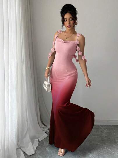 Elenzga Đầm satin ombre thanh lịch, quyến rũ, dịu dàng, lãng mạn dành cho nữ, thích hợp cho kỳ nghỉ, với dây đeo mảnh và họa tiết hoa.