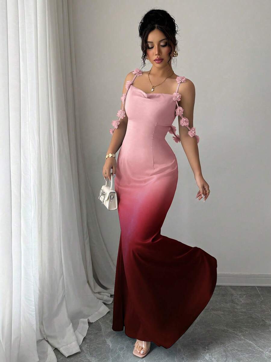 Elenzga Đầm satin ombre thanh lịch, quyến rũ, dịu dàng, lãng mạn dành cho nữ, thích hợp cho kỳ nghỉ, với dây đeo mảnh và họa tiết hoa. - Hồng nhiệt đới - Xem 1