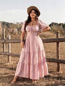 Ceyna Plus Size Dusty Pink Ditsy Floral Casual Boho Cottage Core Elegant Batwing Sleeve Dress, Spring/Summer Vacation Formal Vacation Vacation - Pink - View 4