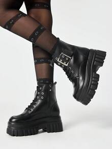 Grunge Punk 女式厚底高跟凉鞋朋克风深色PU圆头机车短靴骑马靴2026新款英伦风春秋流行爆款显小脚 - 黑色 - 查看 3