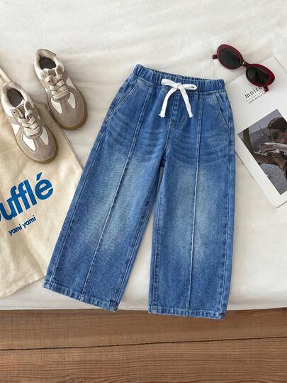 Young Girl New Fashion Casual Soft Navy Blue Slant Pocket Drawstring Waist Casual Loose Denim Baggy Jeans,For Kids Girls Spring/Summer Dailywear Outfits, Girls Streetwear Outfits,Girls Beach Outfit,Vacation Outfits For Girls,Birthday Dresses For Girls,Casual Clothes For Girls,Graphic Jeans,Girls,Toddler Jeans,4-Year-Old Girls Jeans,Summer Jeans,Casual Jeans,Elegant Jeans For Party,Elegant Jeans For Girls