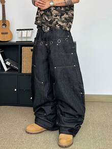 STEELVANCE Jeans casuales rectos y anchos de moda callejera retro para hombres, con diseño de remaches y ojales, de bolsillos múltiples y versátiles - Negro - Ver 5
