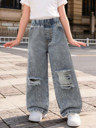 Jeans casuales para niñas, para todas las estaciones, color azul claro retro, estilo de vacaciones, diseño de cintura elástica completa, sin cintura rígida, se adapta a los cambios de la cintura de los niños, fácil de poner y quitar, silueta recta/de pierna ancha, pierna suelta, movimiento sin restricciones, equilibrando lo casual y el ambiente, cómodo denim de algodón, versátil para el uso diario, adecuado para vacaciones de verano, festivales de música, salidas diarias, escuela, reuniones, fiestas, viajes, etc.