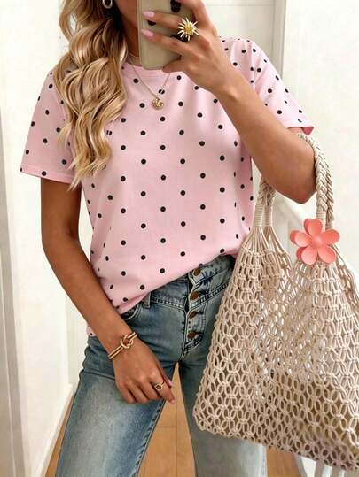 EMERY ROSE T-shirt décontracté à col rond à manches courtes à pois pour femmes, été