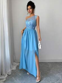 Elenzga Đầm dạ hội lệch vai màu xanh băng giá thanh lịch, họa tiết hoa thêu tinh tế kết hợp với chất liệu chiffon mềm mại, toát lên vẻ sang trọng đầy quyến rũ. - Màu xanh lam - Xem 6