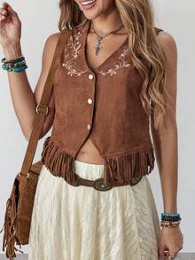 Wildy Damen weiße Blumen Sommer Boho Urlaub Western Country Musik Festival bestickte Quasten ärmellose Weste Hemd, lässige braune Basics, Konzert - Kaffeebraun - Übersicht 3
