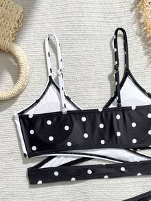 SHEIN Bộ đồ bơi 3 món cho bé gái tuổi teen: Áo và quần bikini in chấm bi, váy lưới. Thích hợp cho bãi biển, hồ bơi, mùa hè, kỳ nghỉ. - Đen và trắng - Xem 5